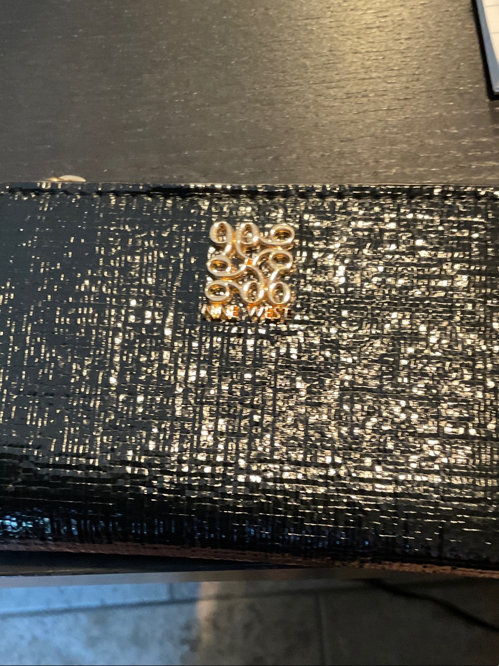 Nine West Black Patent Textured Zip-Around Wallet with Gold Logo Accents